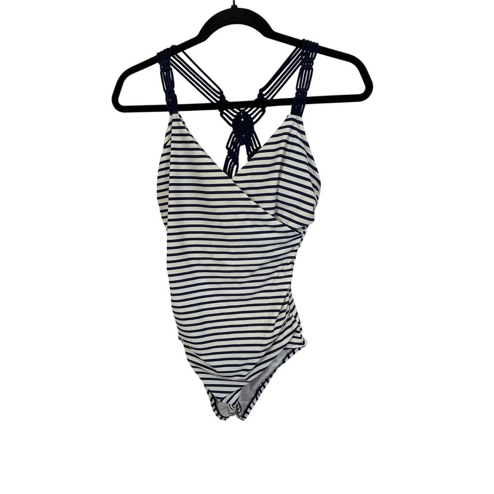 Kona Sol Crochet Navy Blue White Striped One-Piece Swimsuit M Nautical Preppy